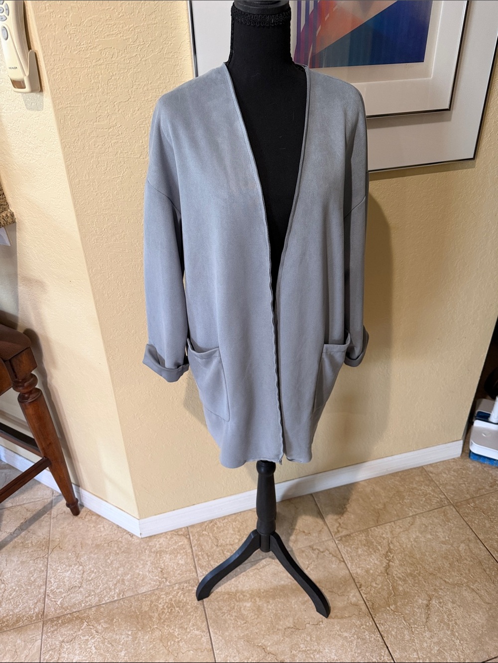 Dusty Blue Gray Open-Front Faux Suede Lounge Cardigan - Women